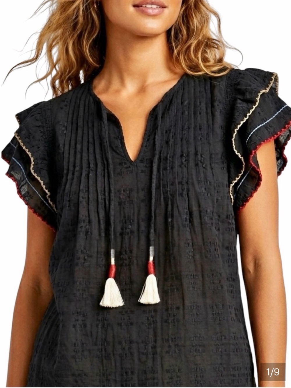ACOS&A Black flutter sleeve SUMMER lightweight tassels TOP XL